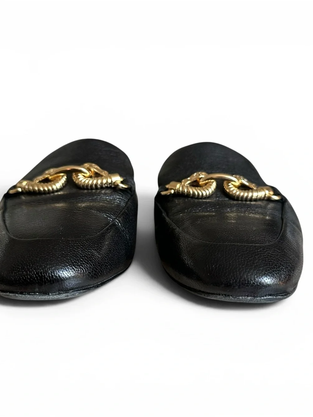 Tory Burch Jessa Black Leather Mule Loafers Gold Chain Horsebit Size 7.5